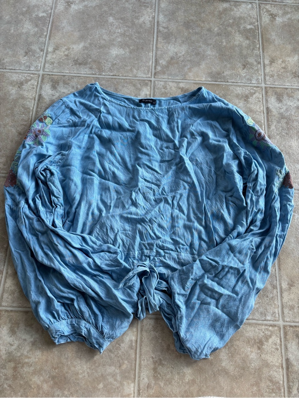 Light Blue Embroidered Long Sleeve Top